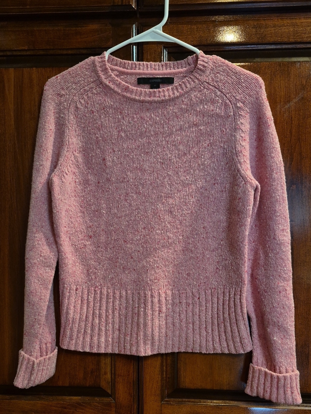Express Pink Crewneck Sweater - Textured Knit 100% Lambs Wool M